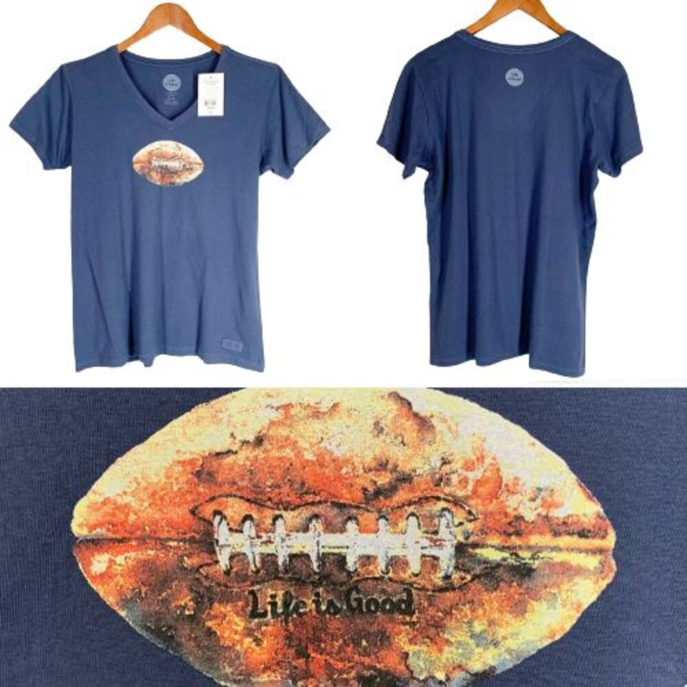 💐 Life is Good M Crusher Shirt NEW Blue Cotton Knit Top V Neck Football NWT - Picture 5 of 7